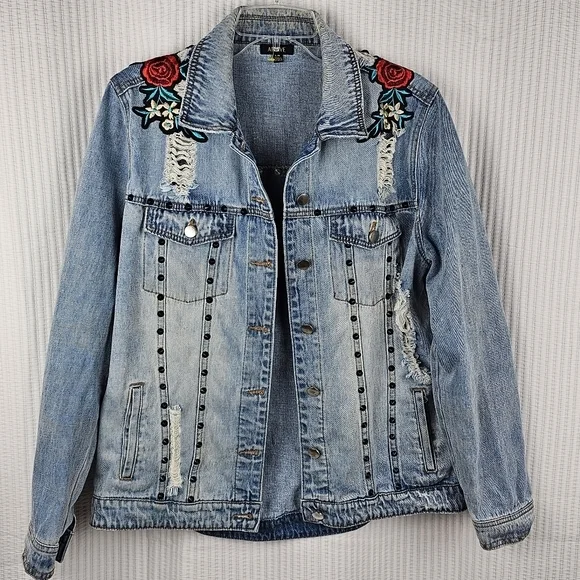 Floral Embroidered Denim Jacket with Butterfly Design - Picture 2 of 10